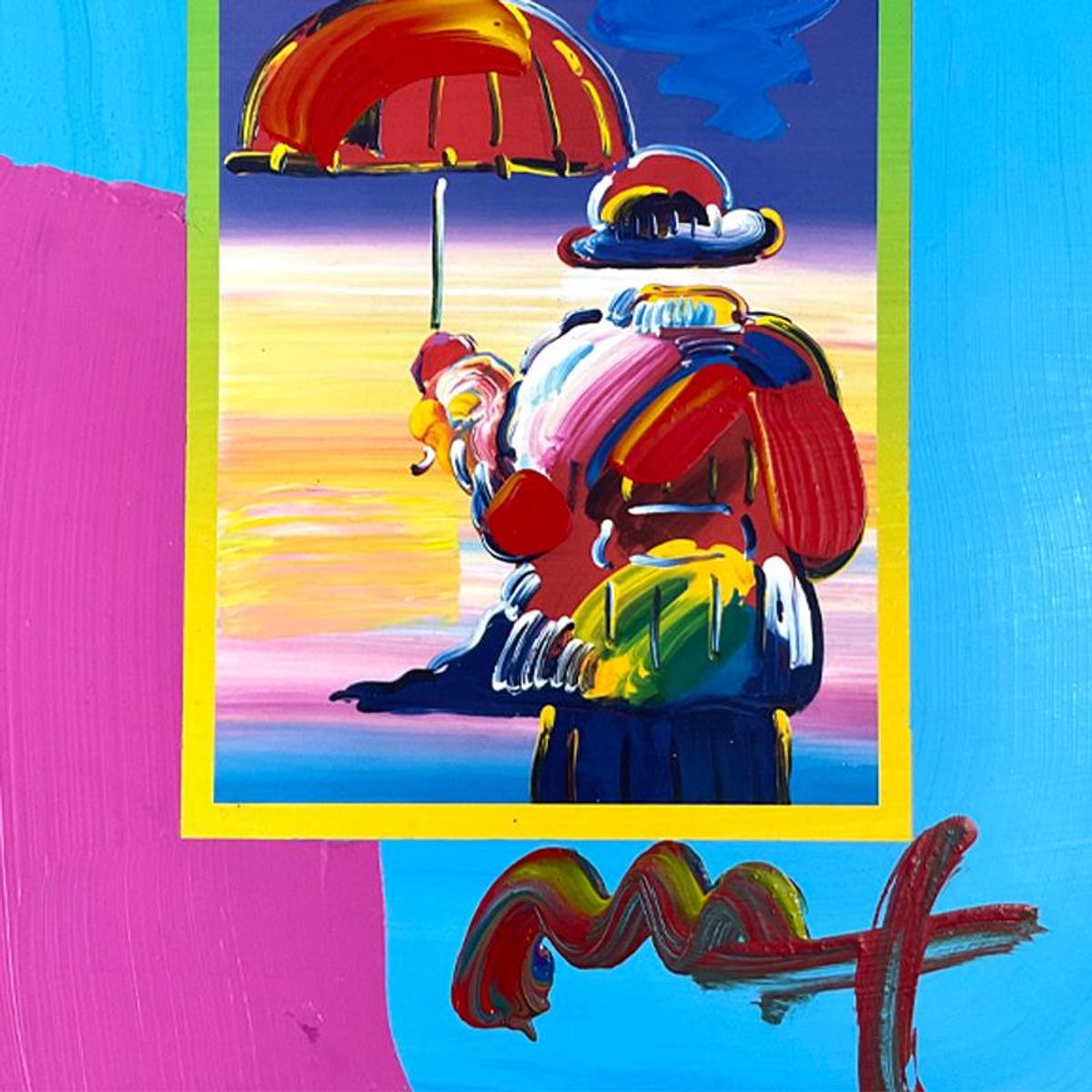 Peter Max, "Umbrella Man on Blends" Framed One-of-a-Kind Acrylic Mixed Media, Hand Signed with Registration Number Certifying Authenticity