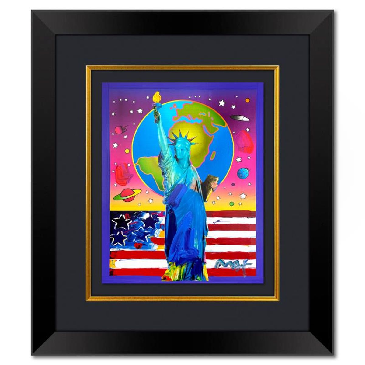 Peter Max, "Liberty, Earth and Flag" Framed One-of-a-Kind Mixed Media, Hand Signed with Registration Number Certifying Authenticity.