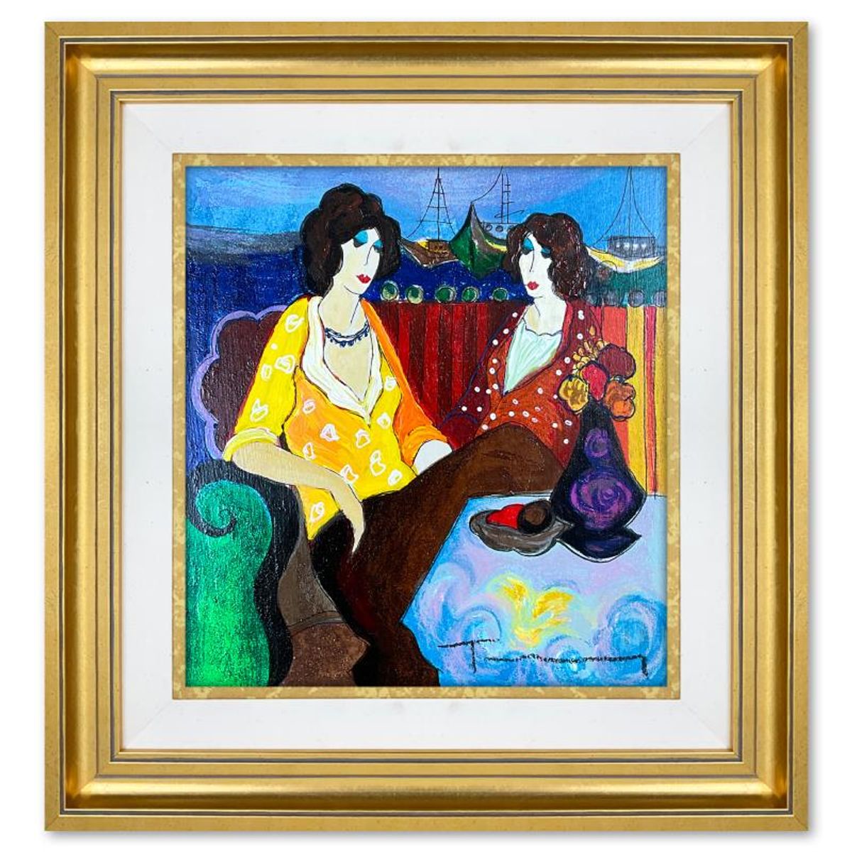 Itzchak Tarkay (1935-2012), "At the Port" Framed One-of-a-Kind Mixed Media Over Paint on Wood, Hand Signed with Letter of Authenticity