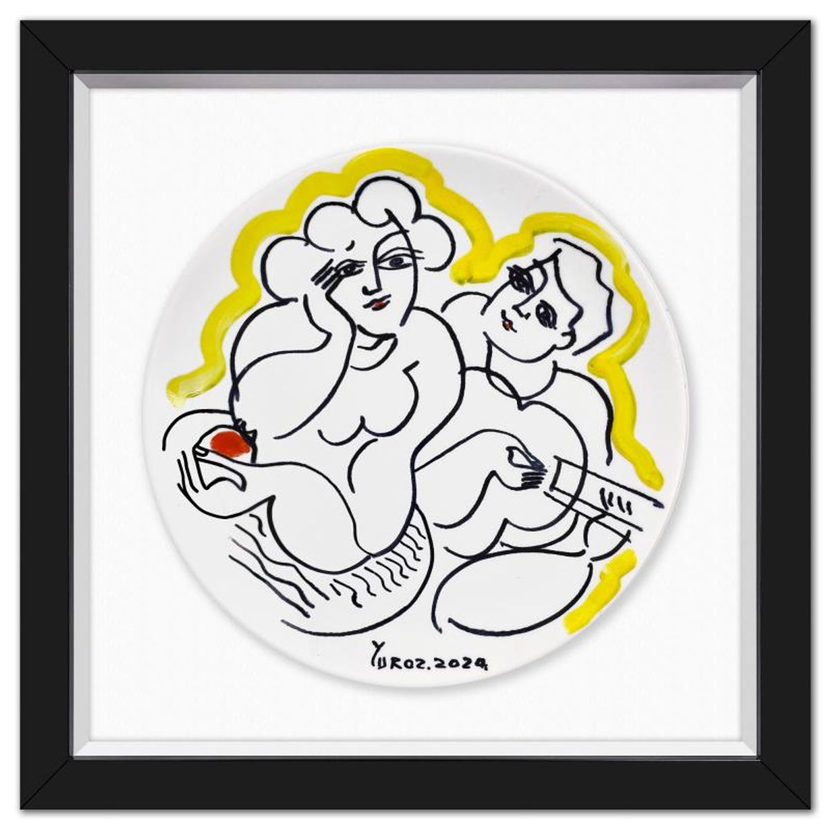 Yuroz, Framed Hand Painted Ceramic Plate, Hand Signed with Letter of Authenticity.