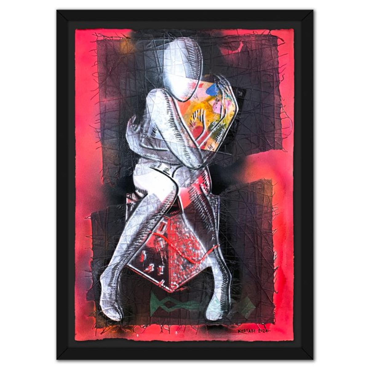 Mark Kostabi, "Crimson Introspection" Framed Original Mixed Media Painting, Hand Signed with Certificate of Authenticity.