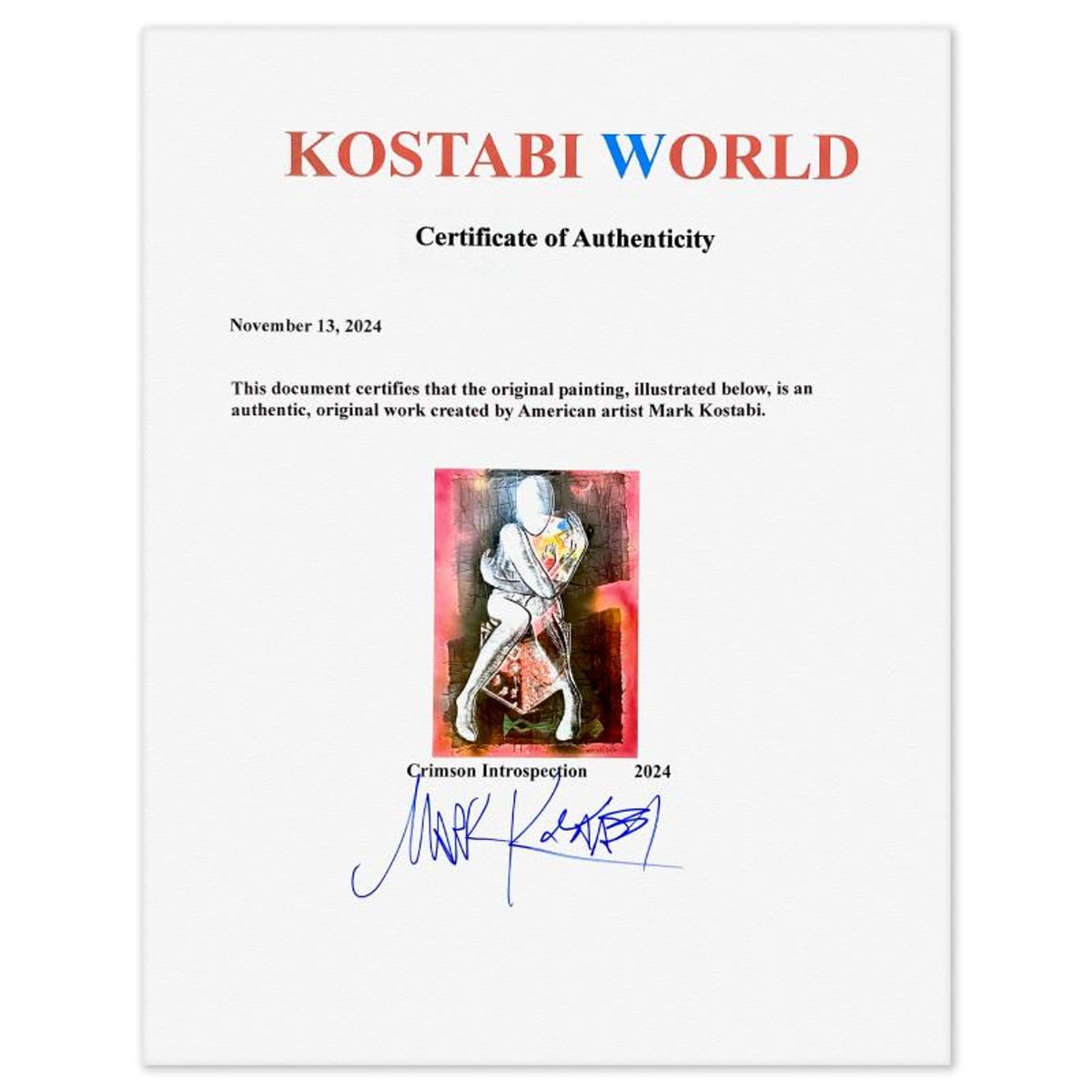 Mark Kostabi, "Crimson Introspection" Framed Original Mixed Media Painting, Hand Signed with Certificate of Authenticity.