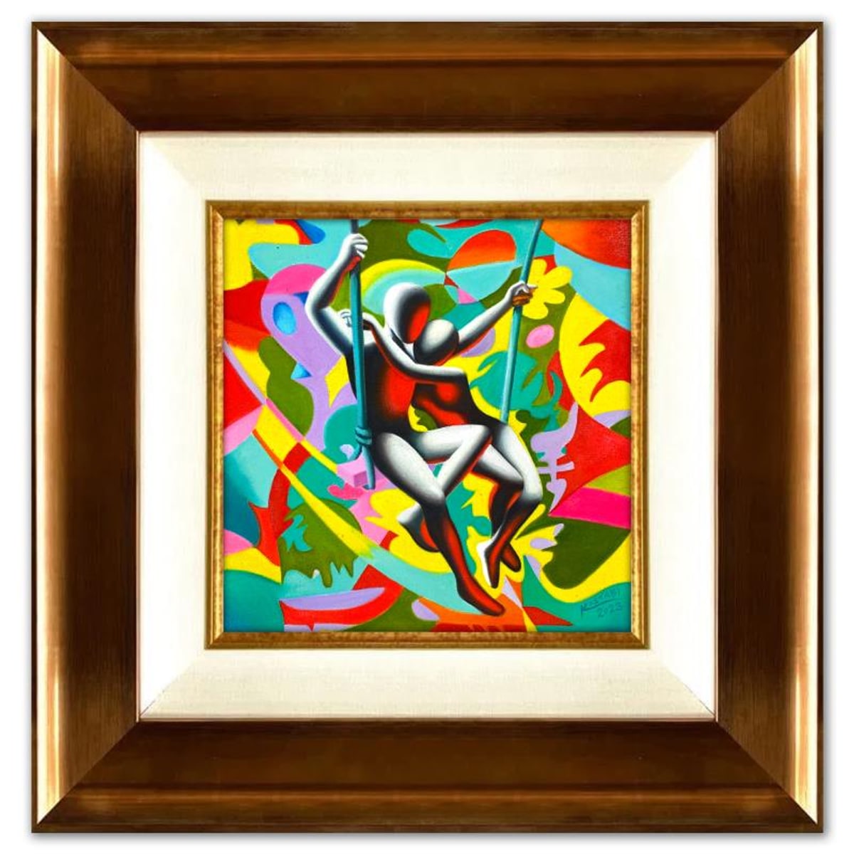 Mark Kostabi, "Pendual of Passion" Framed Original Oil Painting on Canvas, Hand Signed with a Certificate of Authenticity.