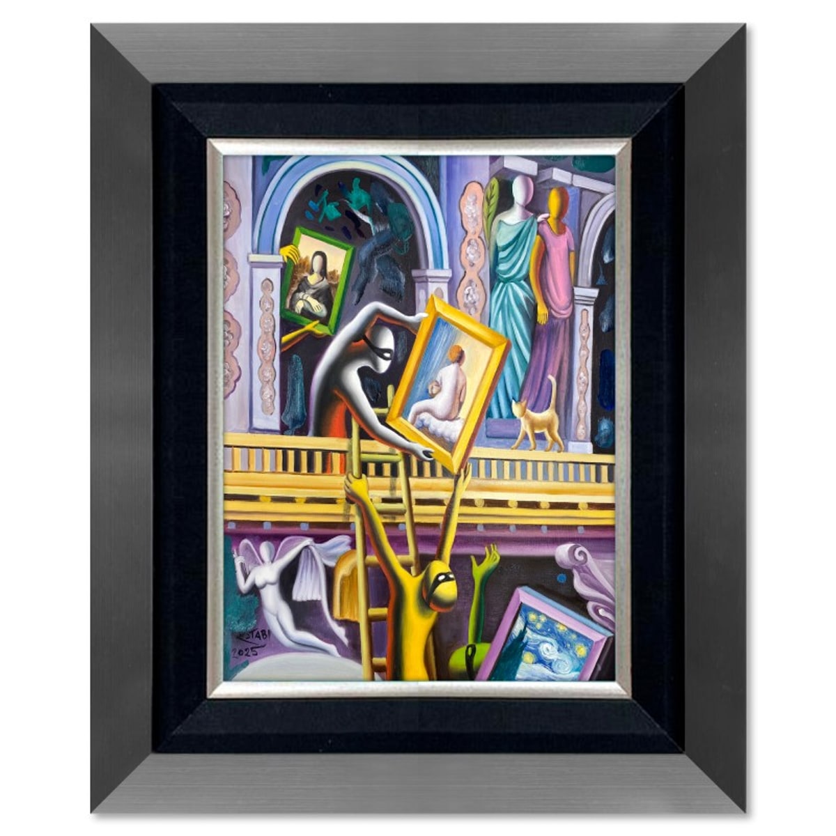 Mark Kostabi, "Shifting" Framed Original Oil Painting on Canvas, Hand Signed with COA
