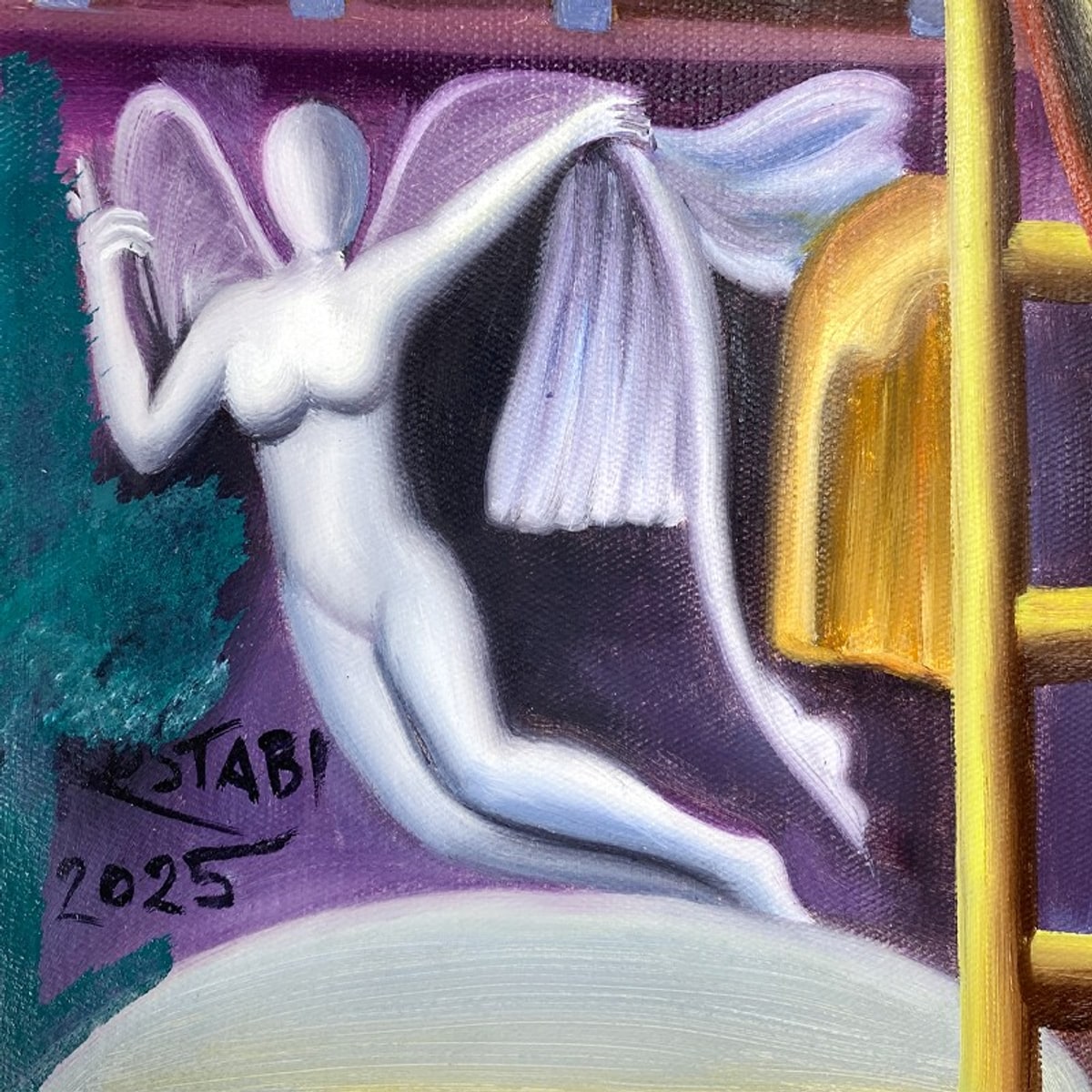Mark Kostabi, "Shifting" Framed Original Oil Painting on Canvas, Hand Signed with COA