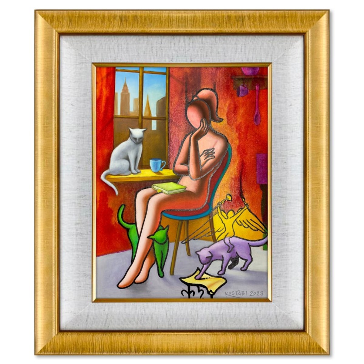 Mark Kostabi, "Quiet Company" Framed Original Oil Painting on Canvas, Hand Signed with COA
