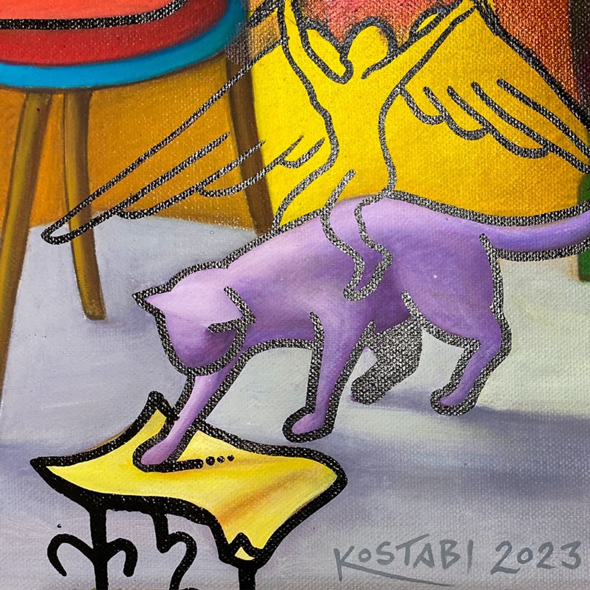 Mark Kostabi, "Quiet Company" Framed Original Oil Painting on Canvas, Hand Signed with COA