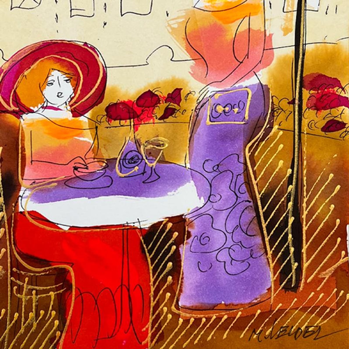 Moshe Leider, Framed Original Mixed Media Watercolor Painting, Hand Signed with Letter of Authenticity.