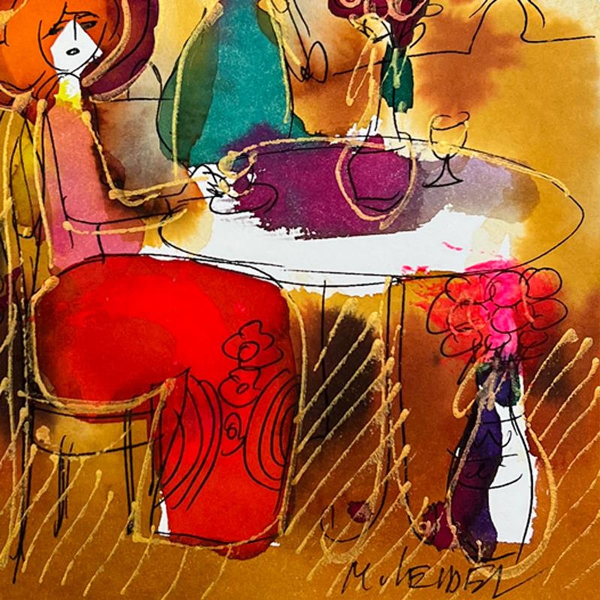 Moshe Leider, Framed Original Mixed Media Watercolor Painting, Hand Signed with Letter of Authenticity.