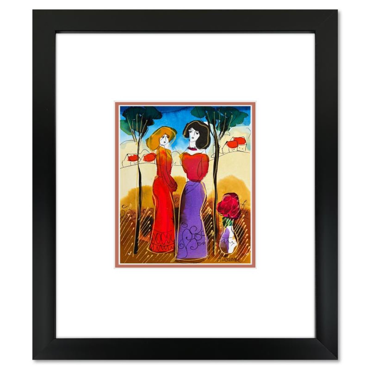 Moshe Leider, Framed Original Mixed Media Watercolor Painting, Hand Signed with Letter of Authenticity.