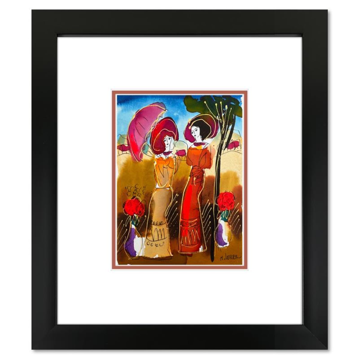 Moshe Leider, Framed Original Mixed Media Watercolor Painting, Hand Signed with Letter of Authenticity.