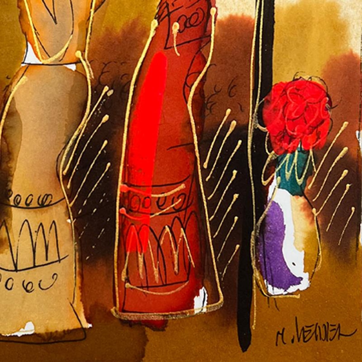 Moshe Leider, Framed Original Mixed Media Watercolor Painting, Hand Signed with Letter of Authenticity.