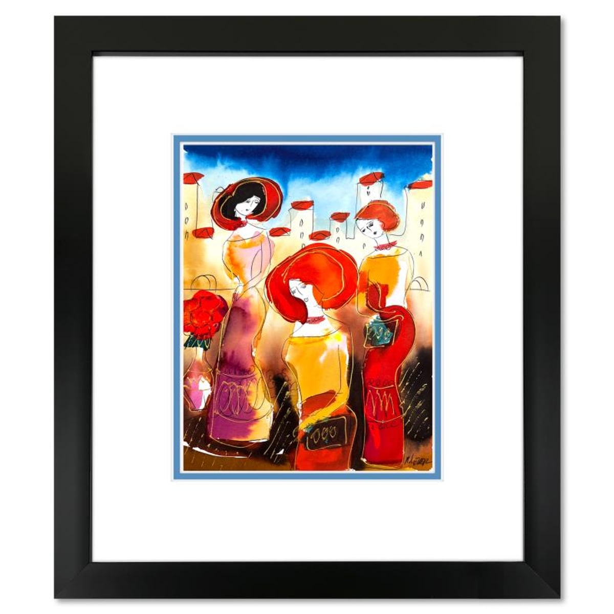 Moshe Leider, Framed Original Mixed Media Watercolor Painting, Hand Signed with Letter of Authenticity.