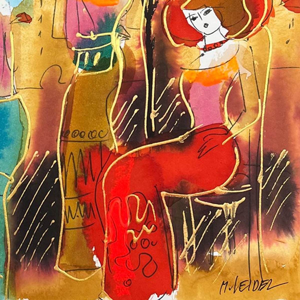 Moshe Leider, Framed Original Mixed Media Watercolor Painting, Hand Signed with Letter of Authenticity.