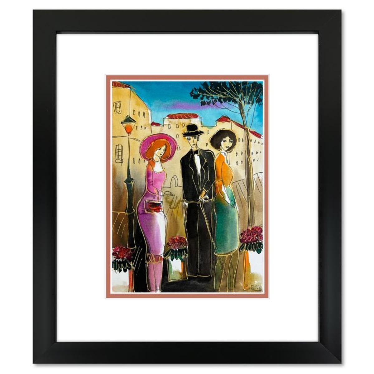 Moshe Leider, Framed Original Mixed Media Watercolor Painting, Hand Signed with Letter of Authenticity.