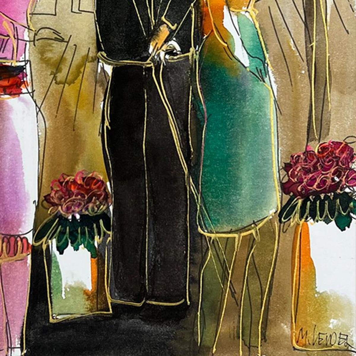 Moshe Leider, Framed Original Mixed Media Watercolor Painting, Hand Signed with Letter of Authenticity.
