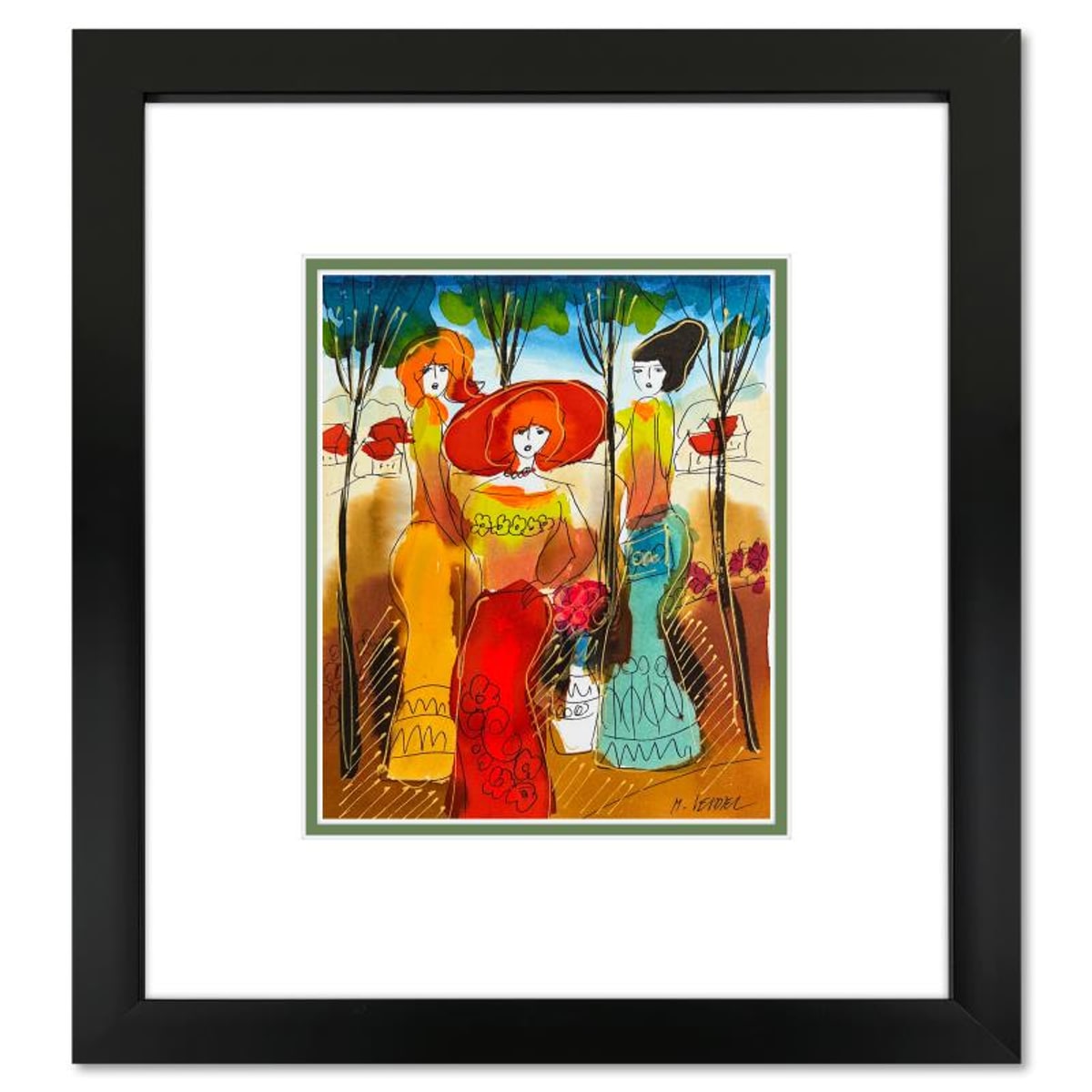 Moshe Leider, Framed Original Mixed Media Watercolor Painting, Hand Signed with Letter of Authenticity.