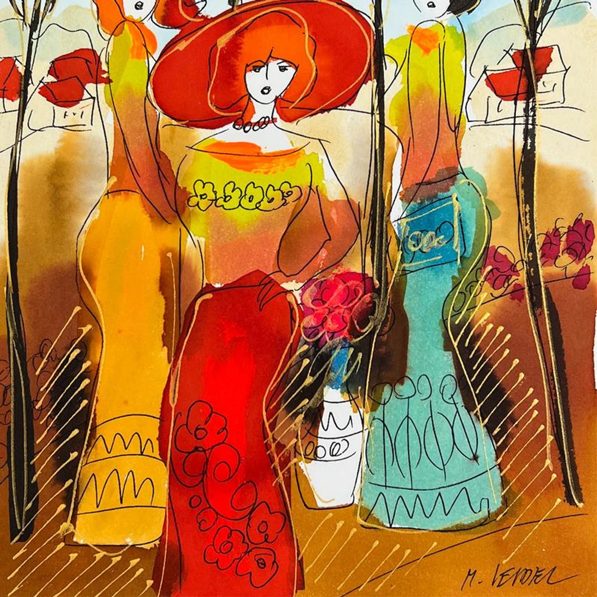 Moshe Leider, Framed Original Mixed Media Watercolor Painting, Hand Signed with Letter of Authenticity.