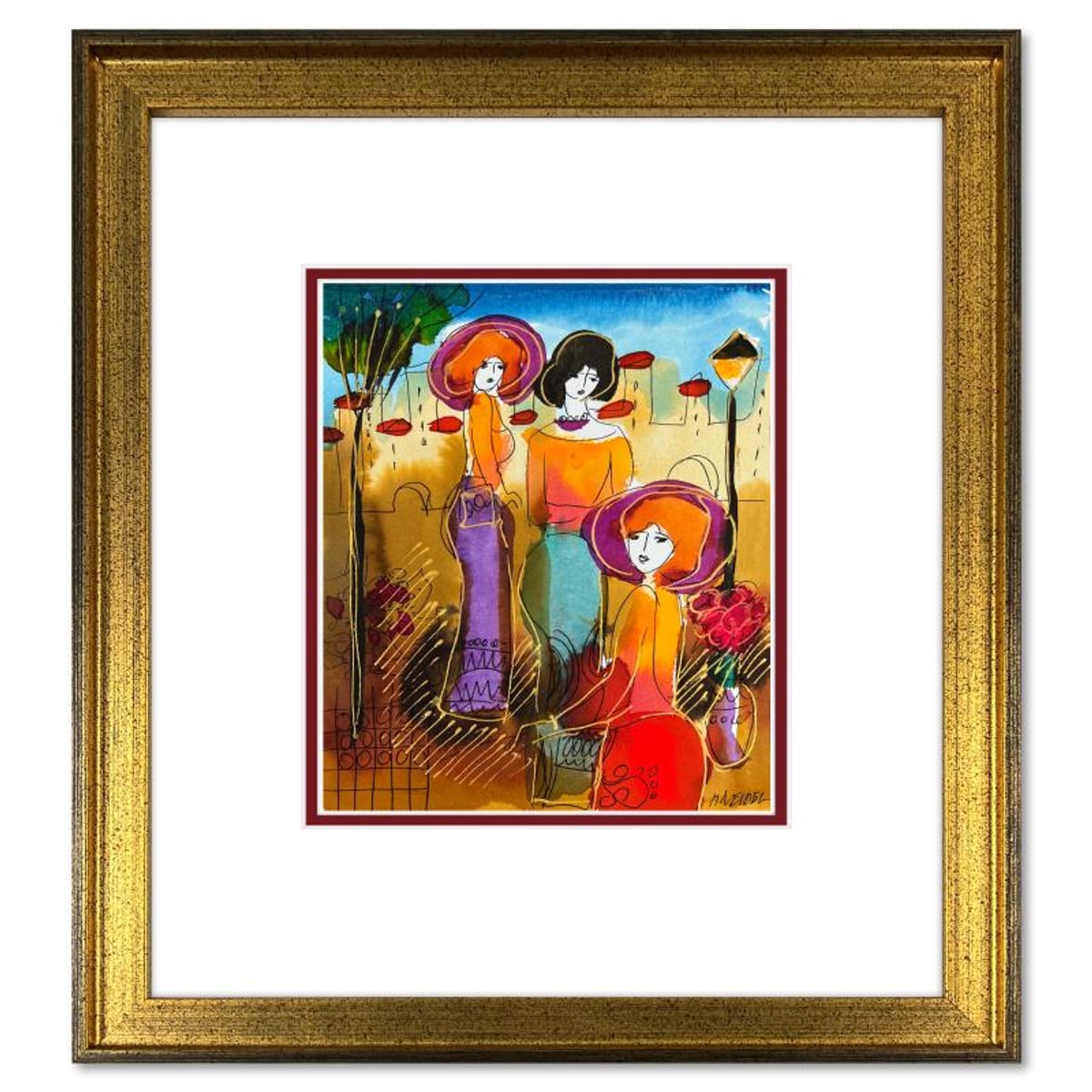 Moshe Leider, Framed Original Mixed Media Watercolor Painting, Hand Signed with Letter of Authenticity.