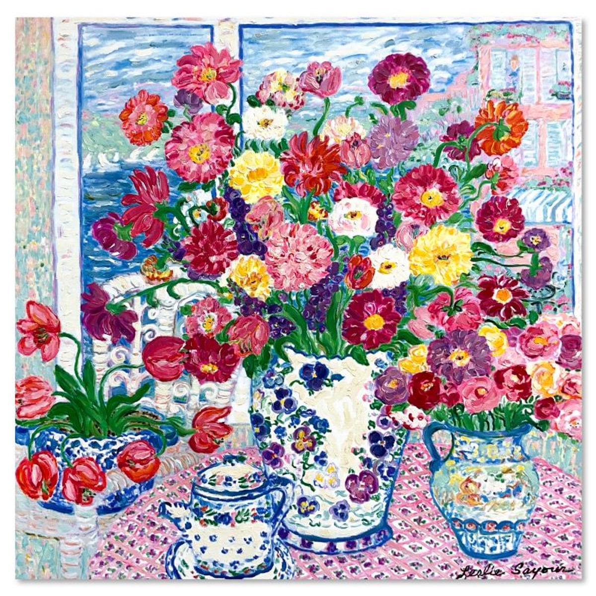 Leslie Sayour, "Summer Villa" Hand Embellished Limited Edition Serigraph on Canvas, Numbered Inverso 3/25 and Hand Signed with Letter of Authenticity.