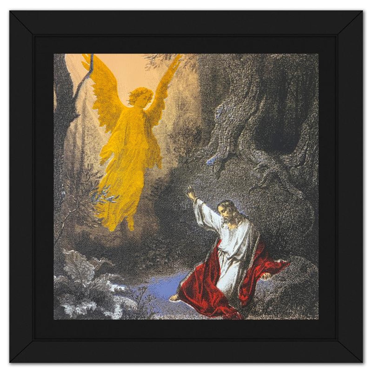 Steve Kaufman (1960-2010), "Jesus and the Angel" Framed Hand Embellished Limited Edition Silscreen, Numbered AP 20/50 Inverso and Hand Signed with Letter of Authenticity