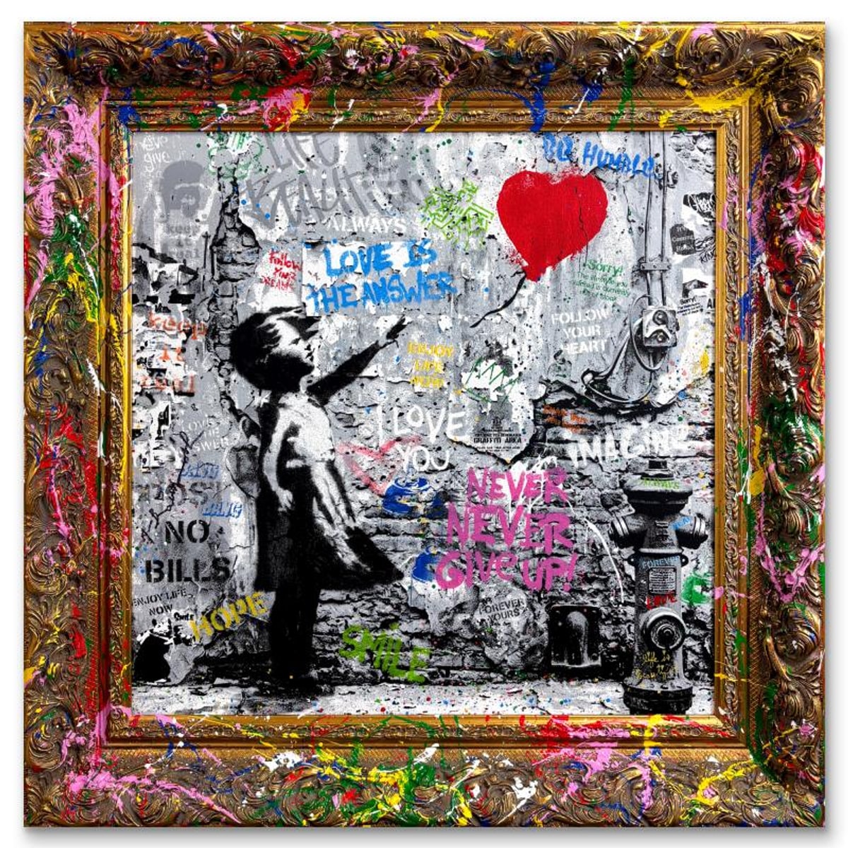 Mr. Brainwash, "Love Forever" Splash Framed Original Painting on Canvas, Hand Signed with Certificate of Authenticity.