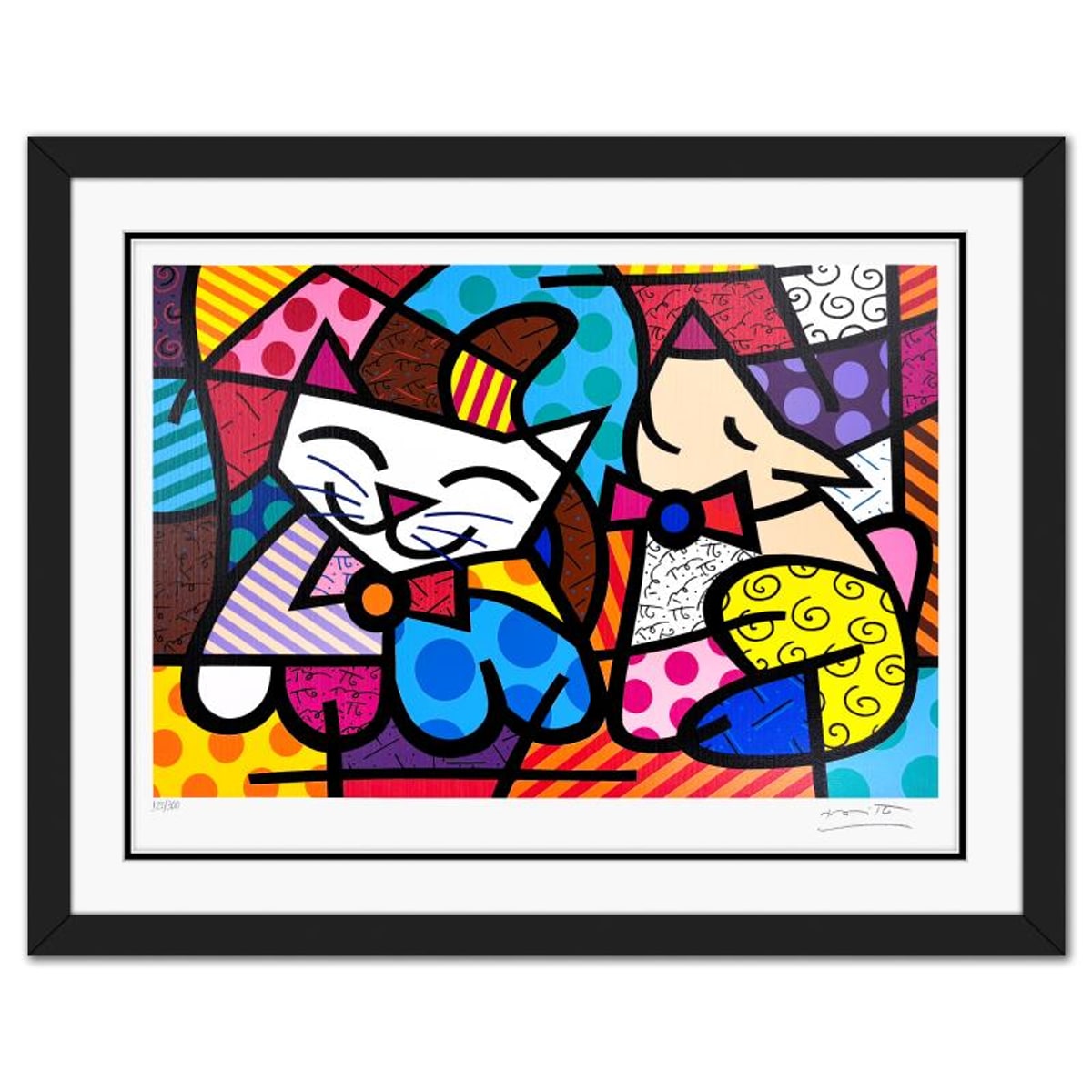 Britto, "Happy Cat and Snoob Dog" Framed Limited Edition Serigraph, Numbered and Hand Signed with Letter of Authenticity.