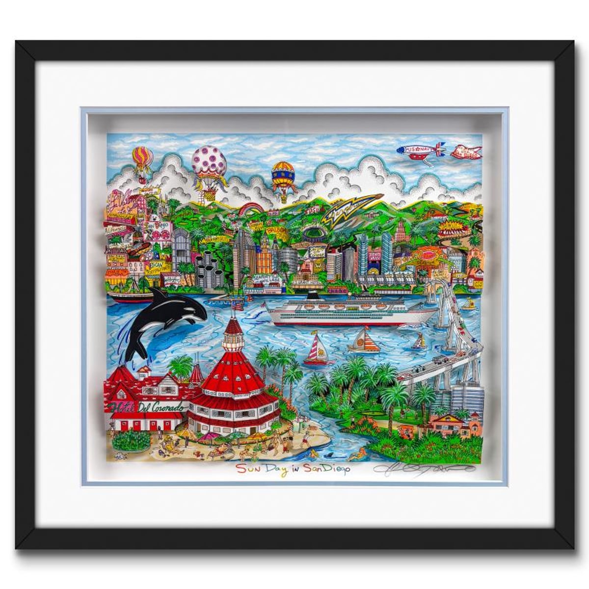 Charles Fazzino, "Sun Day in San Diego" Framed 3D Limited Edition Silk Screen, Numbered and Hand Signed with Certificate of Authenticity.