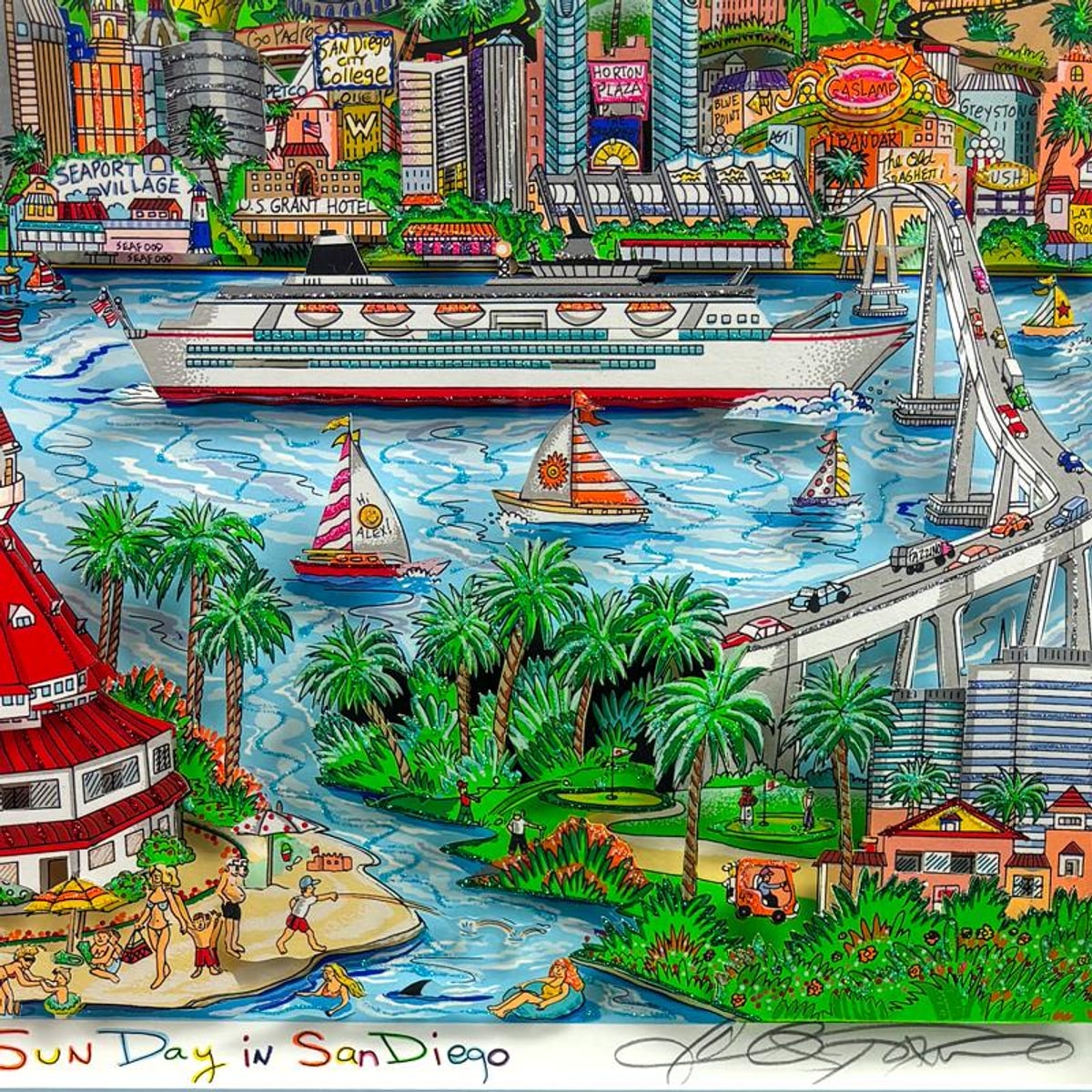 Charles Fazzino, "Sun Day in San Diego" Framed 3D Limited Edition Silk Screen, Numbered and Hand Signed with Certificate of Authenticity.