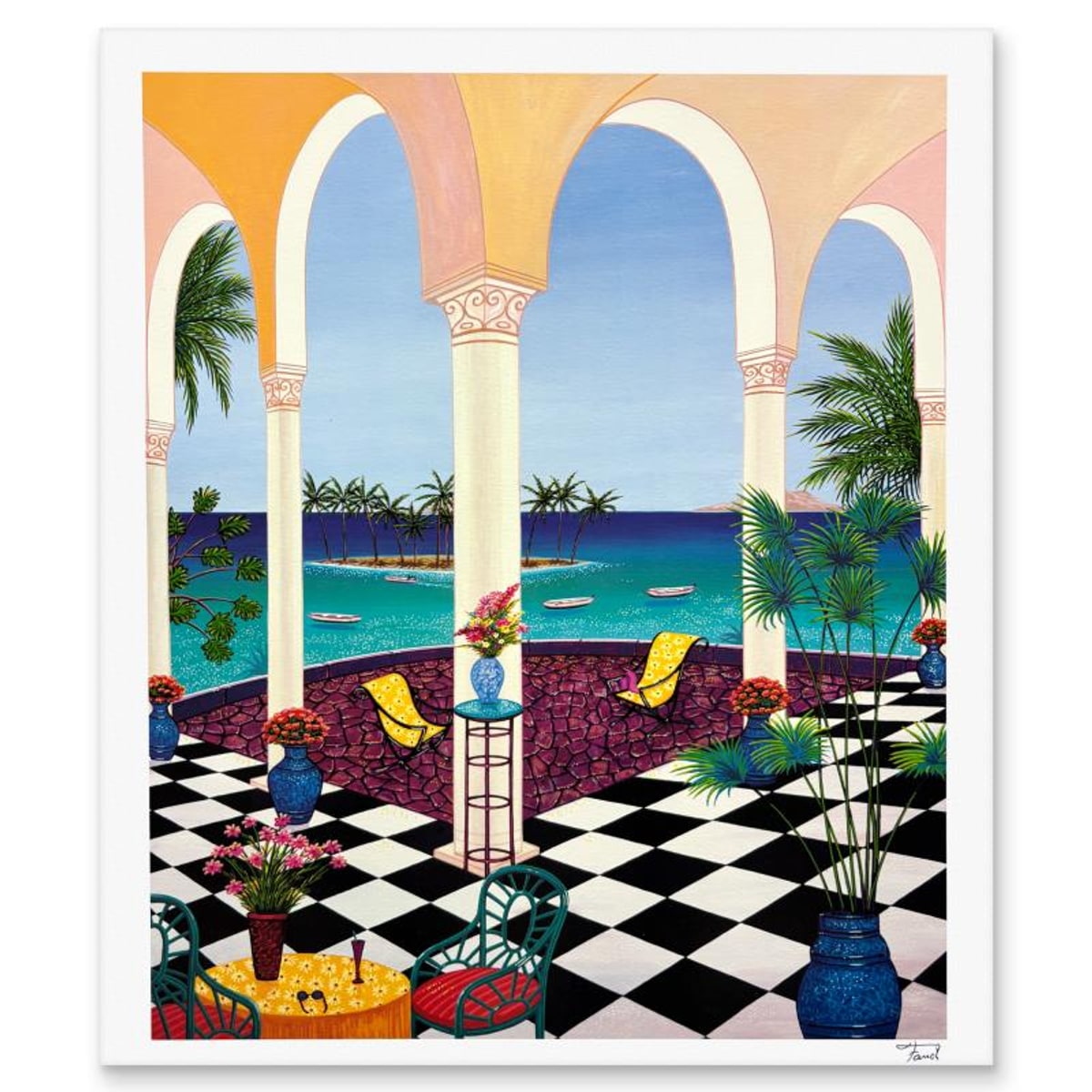 Fanch Ledan, "Patio on Tiny Island" Limited Edition Serigraph, AP Numbered and Hand Signed with Letter of Authenticity.