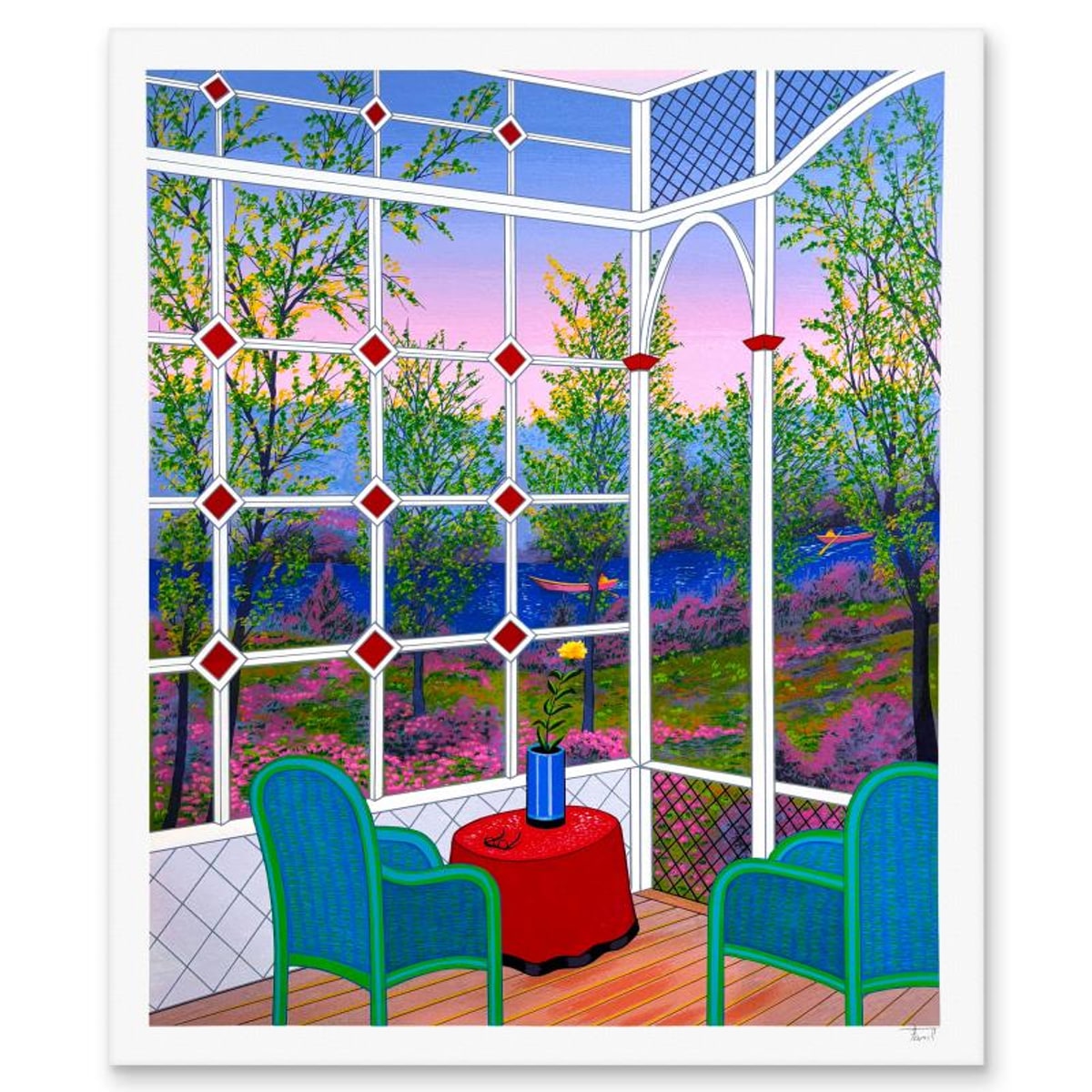 Fanch Ledan, "Patio sur Riviere" Limited Edition Serigraph, AP Numbered and Hand Signed with Letter of Authenticity.
