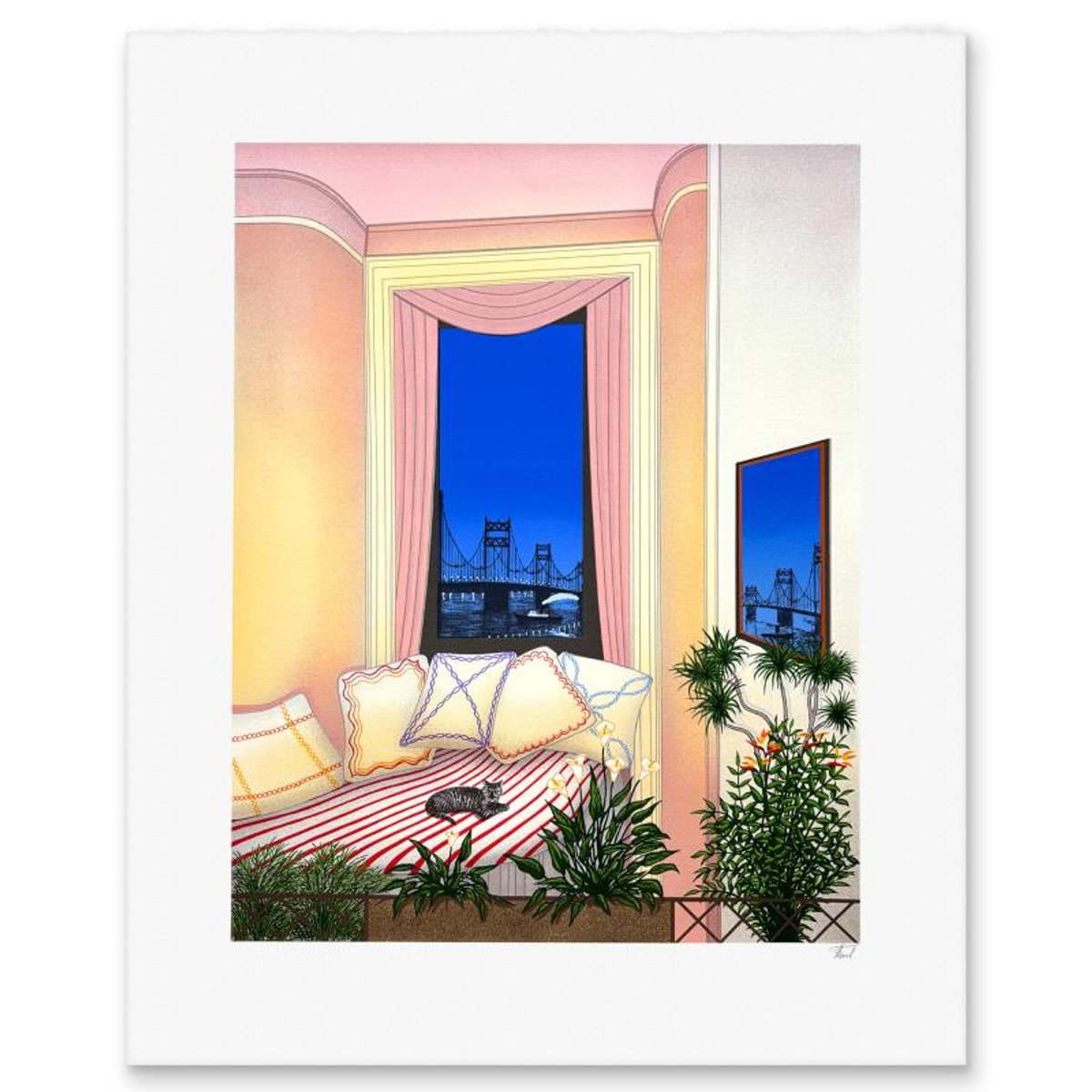 Fanch Ledan, "View of Bay Bridge" Limited Edition Lithograph, Numbered and Hand Signed with Letter of Authenticity.