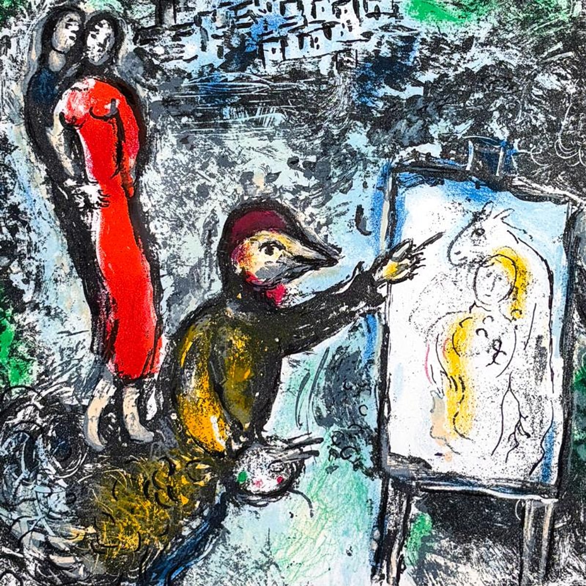 Marc Chagall (1887-1985), "Devant Saint-Jeannet (Couple et artiste devant Saint Jeannet)" Framed Lithograph with Letter of Authenticity.