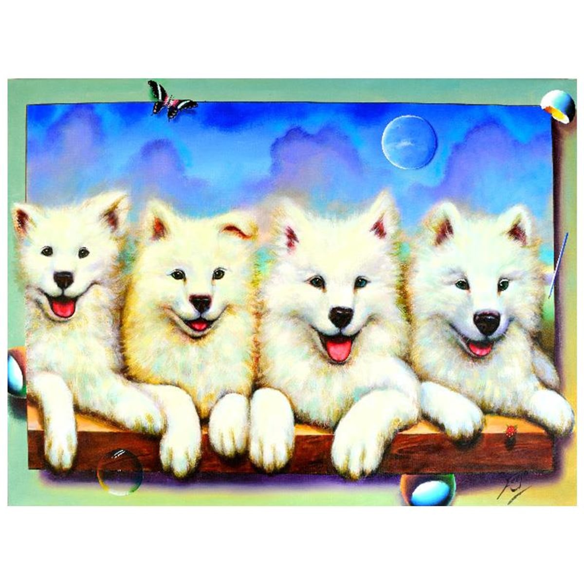 Ferjo, "Cuteness in White" Original Painting on Canvas, Hand Signed with Letter of Authenticity.