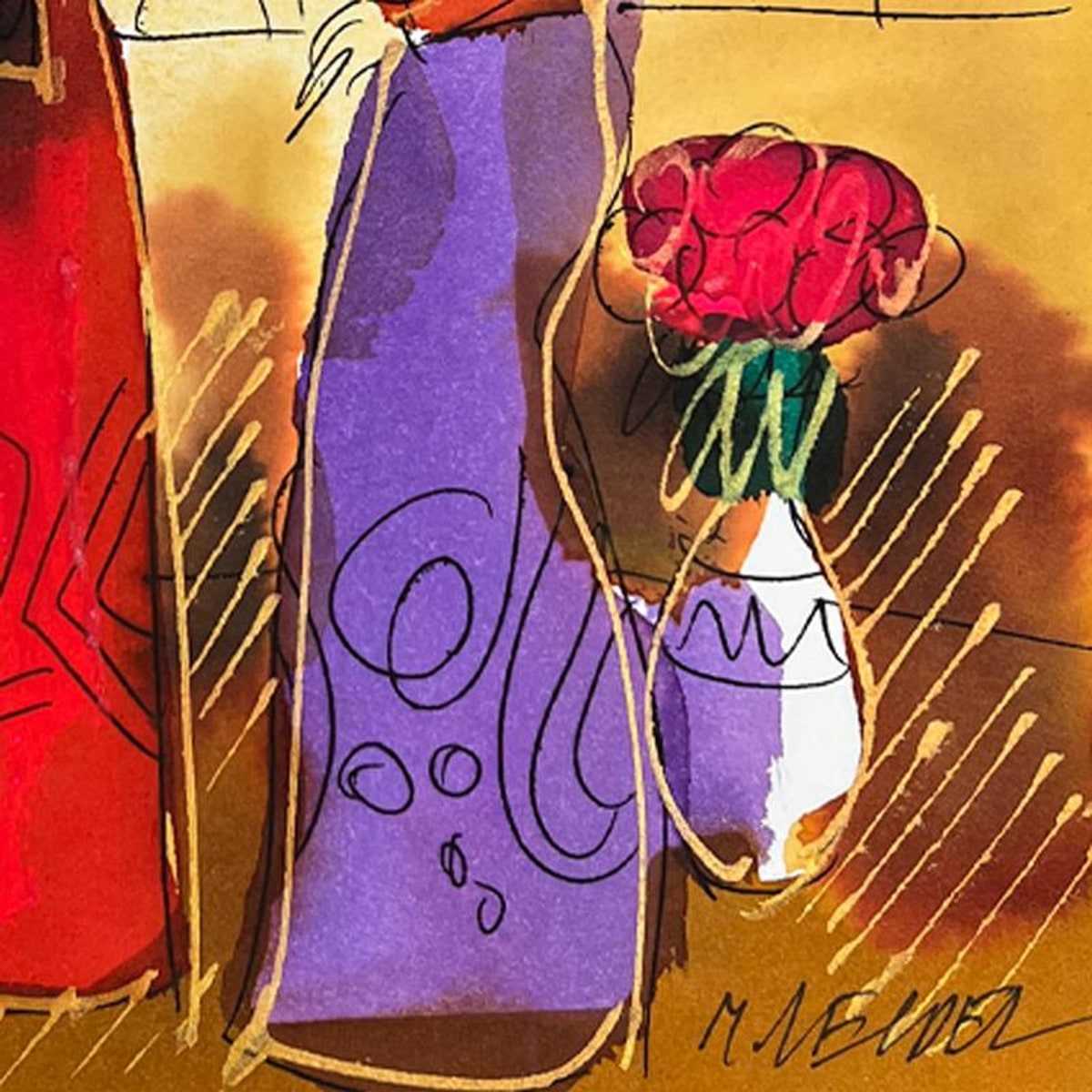 Moshe Leider, Framed Original Mixed Media Watercolor Painting, Hand Signed with Letter of Authenticity.