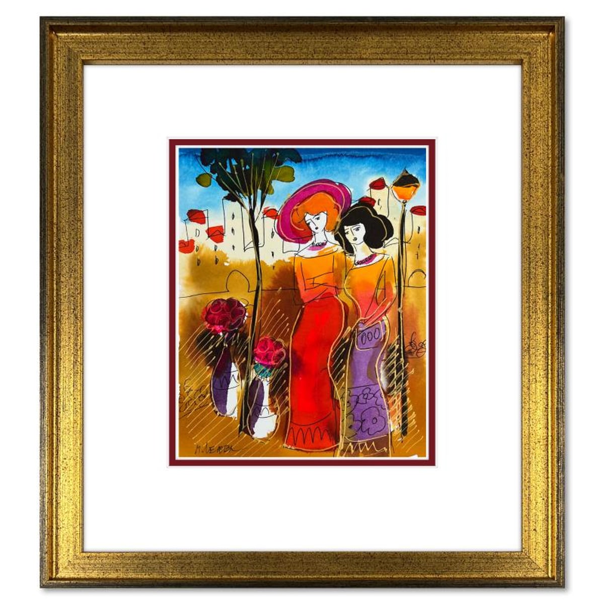 Moshe Leider, Framed Original Mixed Media Watercolor Painting, Hand Signed with Letter of Authenticity.