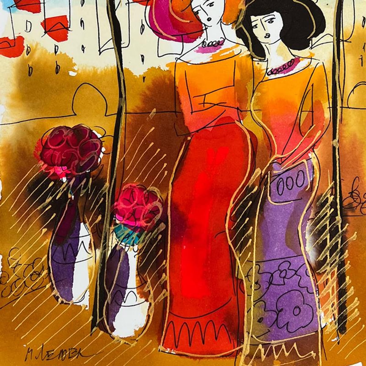 Moshe Leider, Framed Original Mixed Media Watercolor Painting, Hand Signed with Letter of Authenticity.