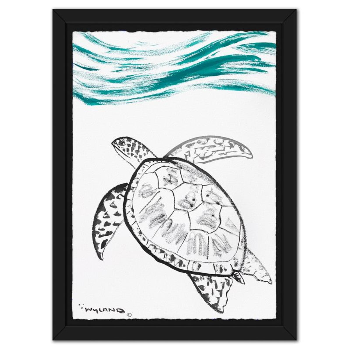 Wyland, "Sea Turtle" Framed Original Sumi Ink Painting, Hand Signed with Letter of Authenticity.